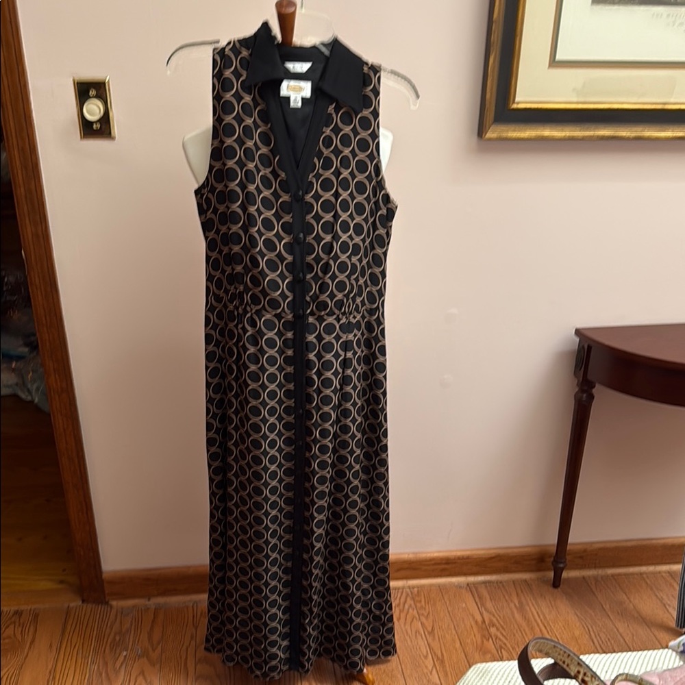 Talbots Black and Gold Silk Sleeveless Shirtwaist Dress